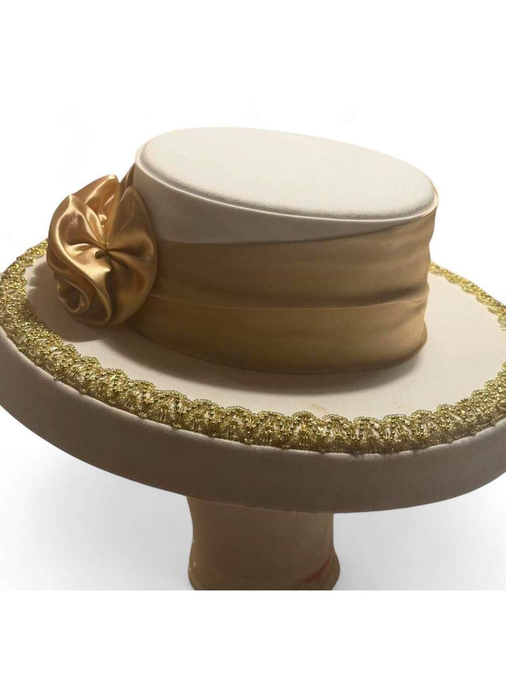 Elegant White and Gold Wide Brim Church Hat w Satin Flowers